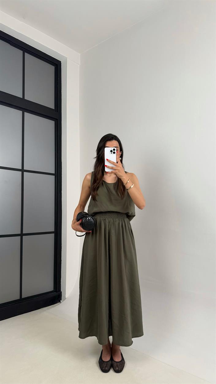 Haki Bluz Beli Lastikli Etek İkili Kırışık Tencel Takım Gaus00522