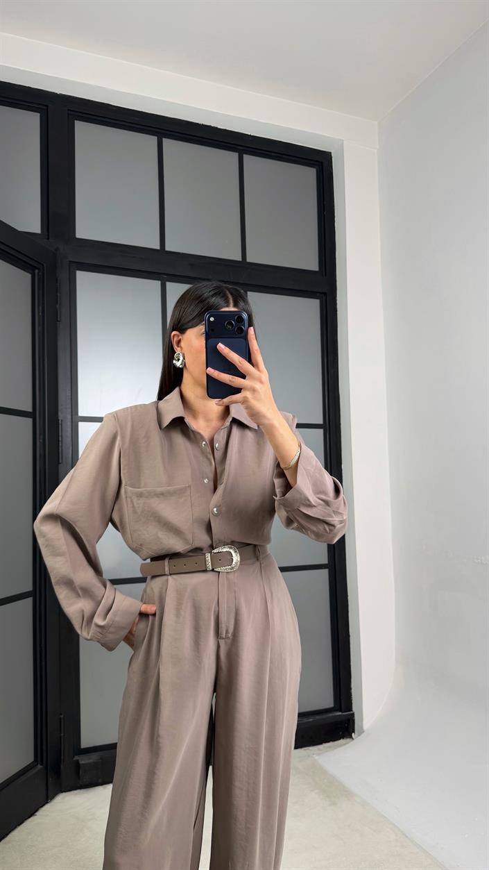 Vizon Vatkalı Gömlek Kemerli Pantolon İkili Tencel Takım GAUS-01319