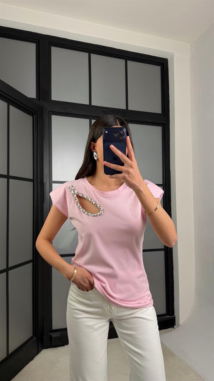 Pembe Vatkalı Taş Detaylı Muadil Bluz GAUS-01282