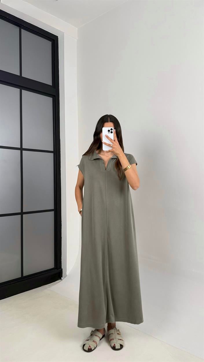 Haki MD Muadil Polo Yaka Cepli Basic Elbise Gaus00568