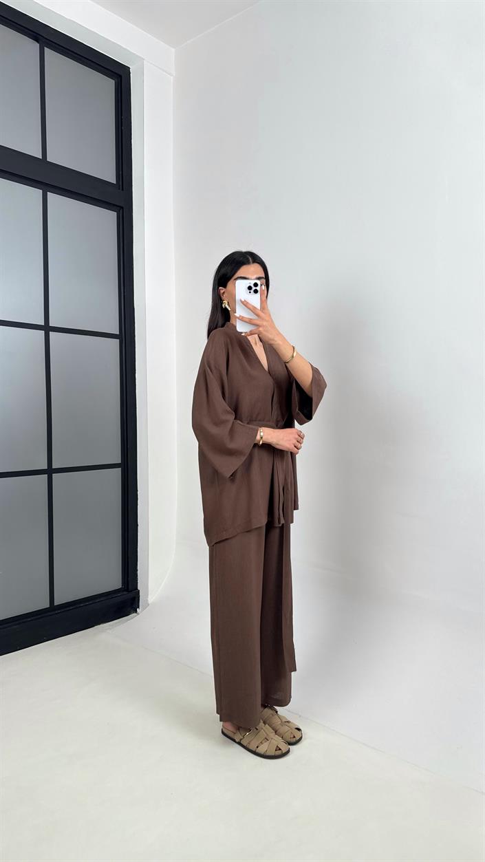 Kahve Kuşaklı Kimono Beli Lastikli Cepli Pantolon Keten Takım Gaus00397