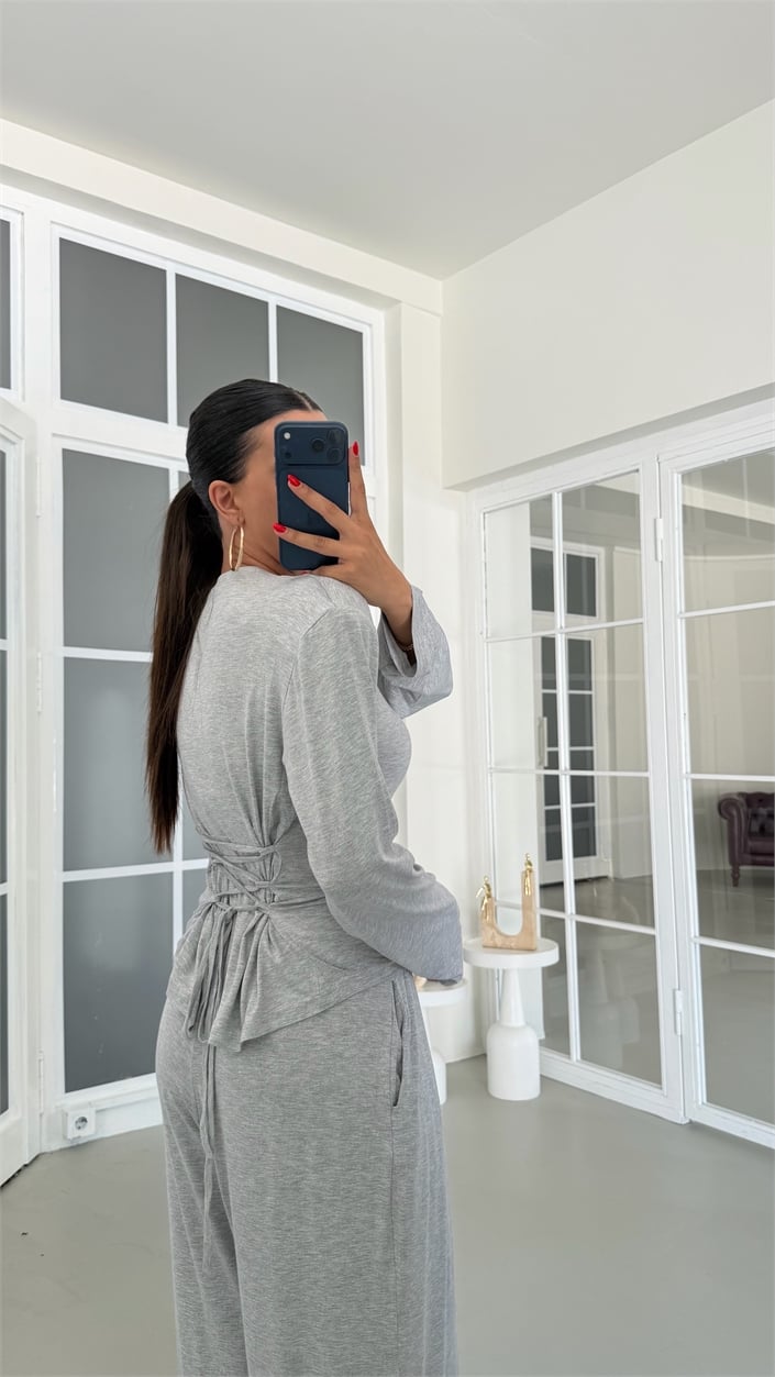 Gri Vatkalı Beli Ayarlanabilir Bluz Beli Lastikli Pantolon İkili Takım GAUS-01872