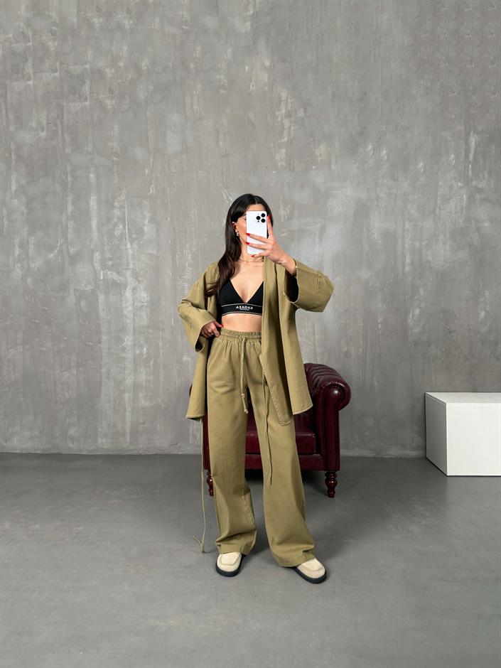 Rozali Yeşil Gabardin Kimono İkili Takım