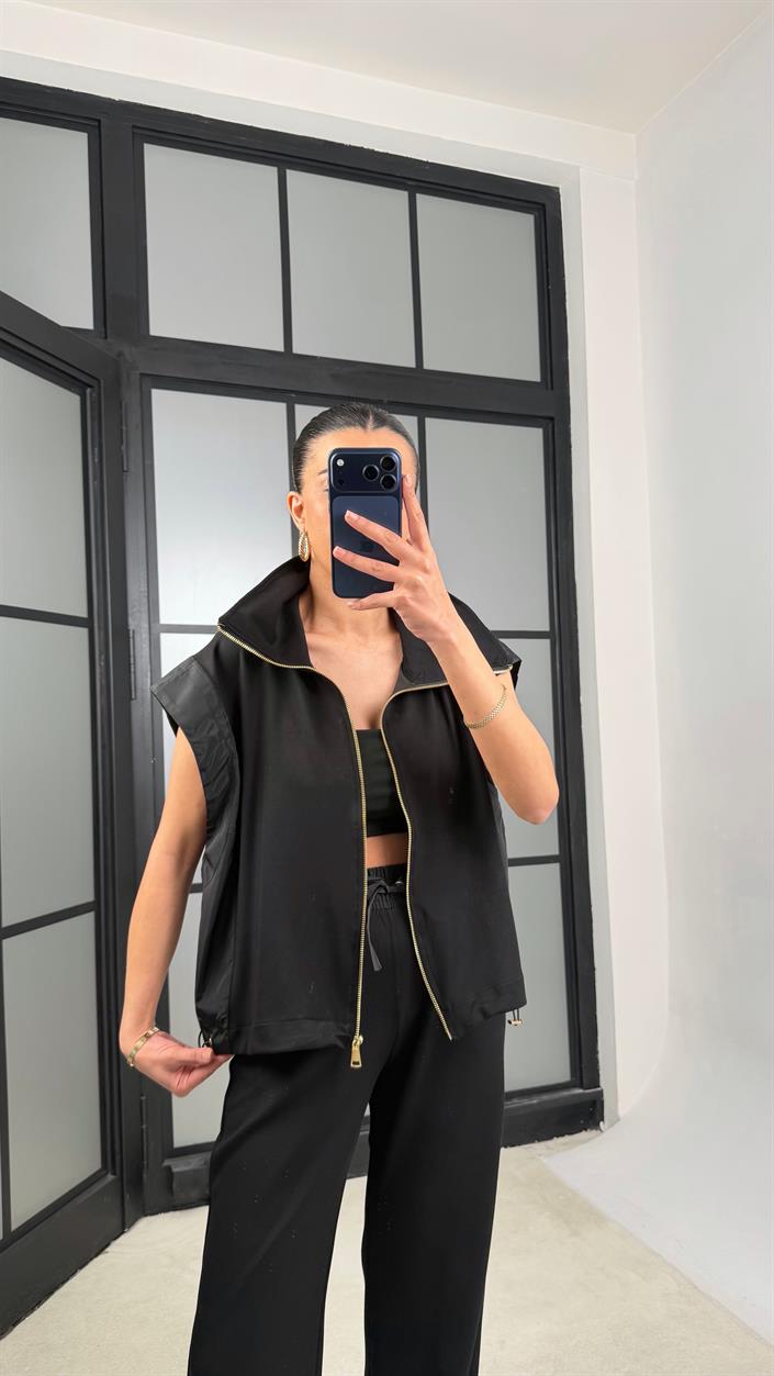 Siyah Paraşüt Kumaş Detaylı Yelek Pantolon İkili Modal Kumaş Takım GAUS-01369