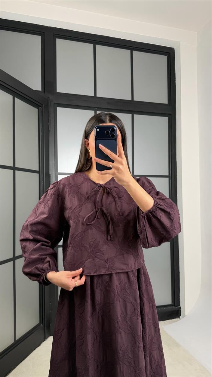 Mürdüm Çiçek Nakışlı Gömlek Beli Lastikli Etek Takım GAUS-01182