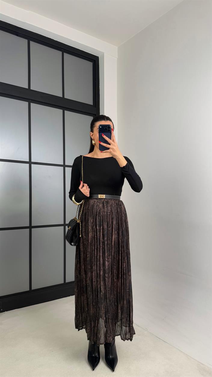 Kahve Desenli Beli Lastikli Yarım Astarlı Şifon Etek GAUS-00923