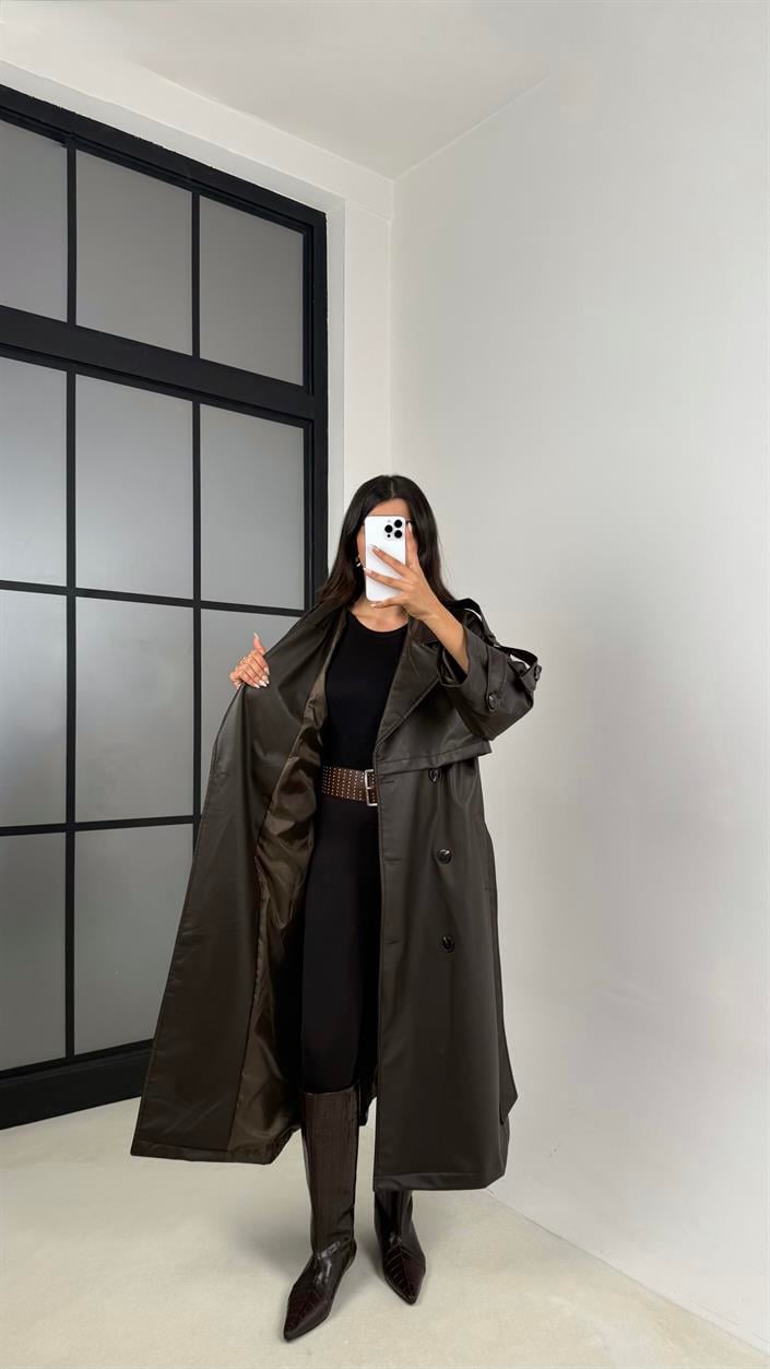 Kahve Kuşaklı Astarlı Premium Deri Trençkot GAUS-00127