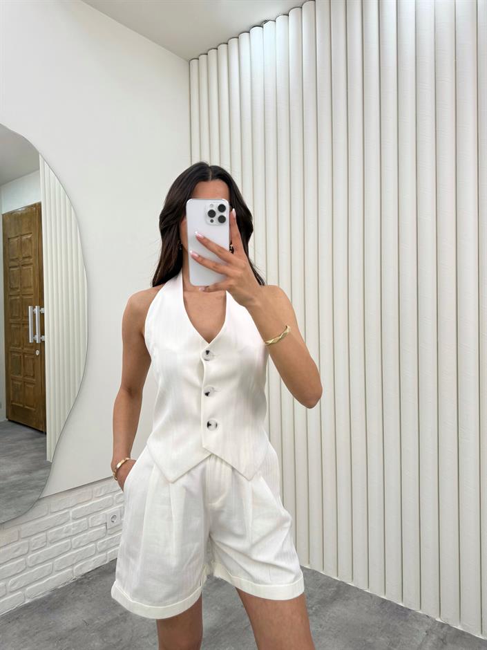 Ekru Beli Gipeli Düğmeli Üst Beli Lastikli Cepli Şort İkili Gabardin Takım Gaus00301