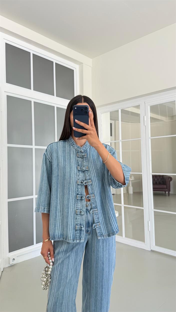 Mavi Tasarım Ceket Pantolon Çizgili Tencel Denim Takım GAUS-01687
