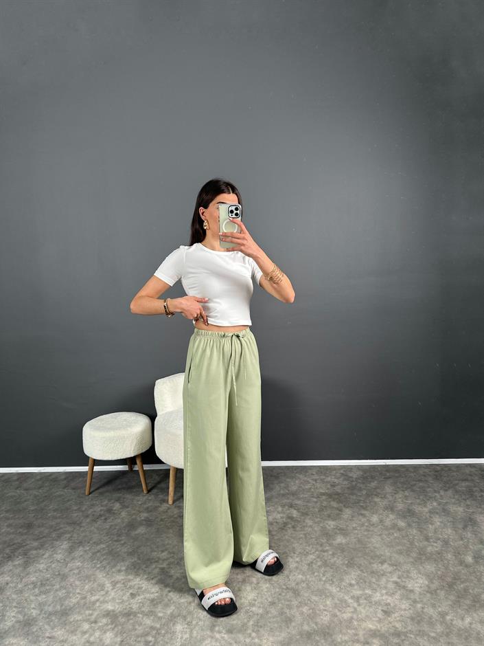 Nia Çağla Yeşili Keten Beli Lastikli Pantolon 