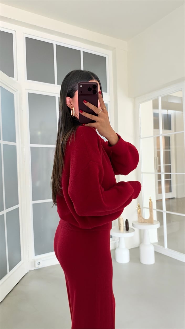 Kırmızı Çift Fermuarlı Hırka Beli Lastikli Pantolon İkili Yumuşak Kumaş Premium Takım GAUS-02303