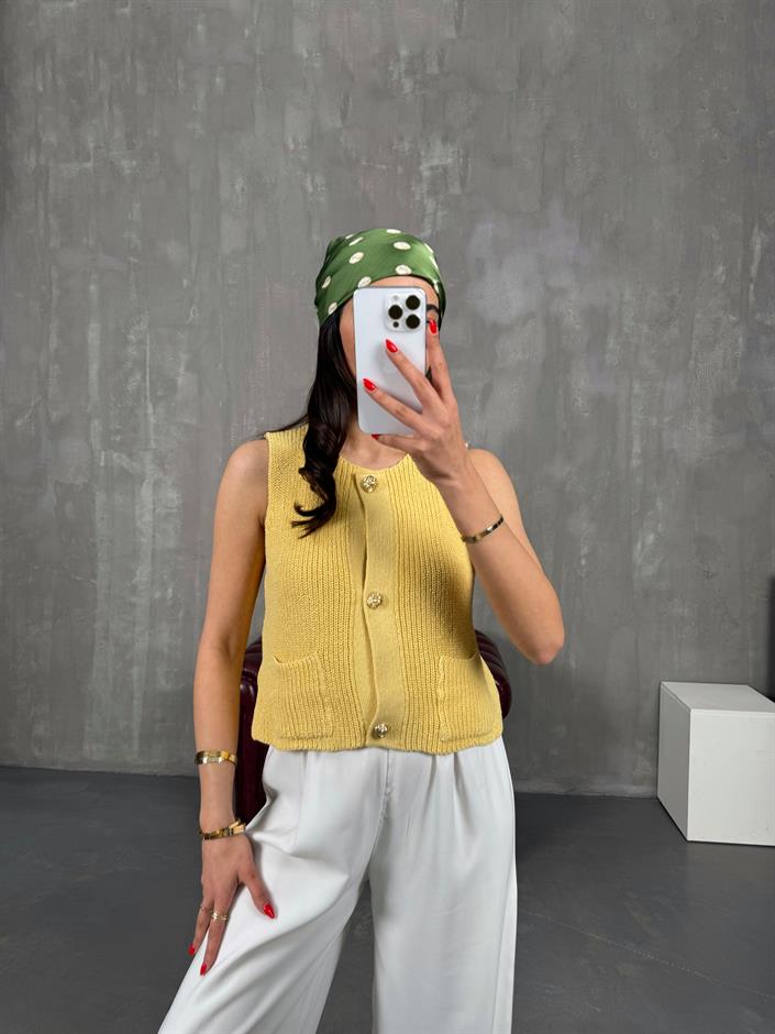 Sarı Gold Düğmeli Sıfır Kol Hırka Gaus00223