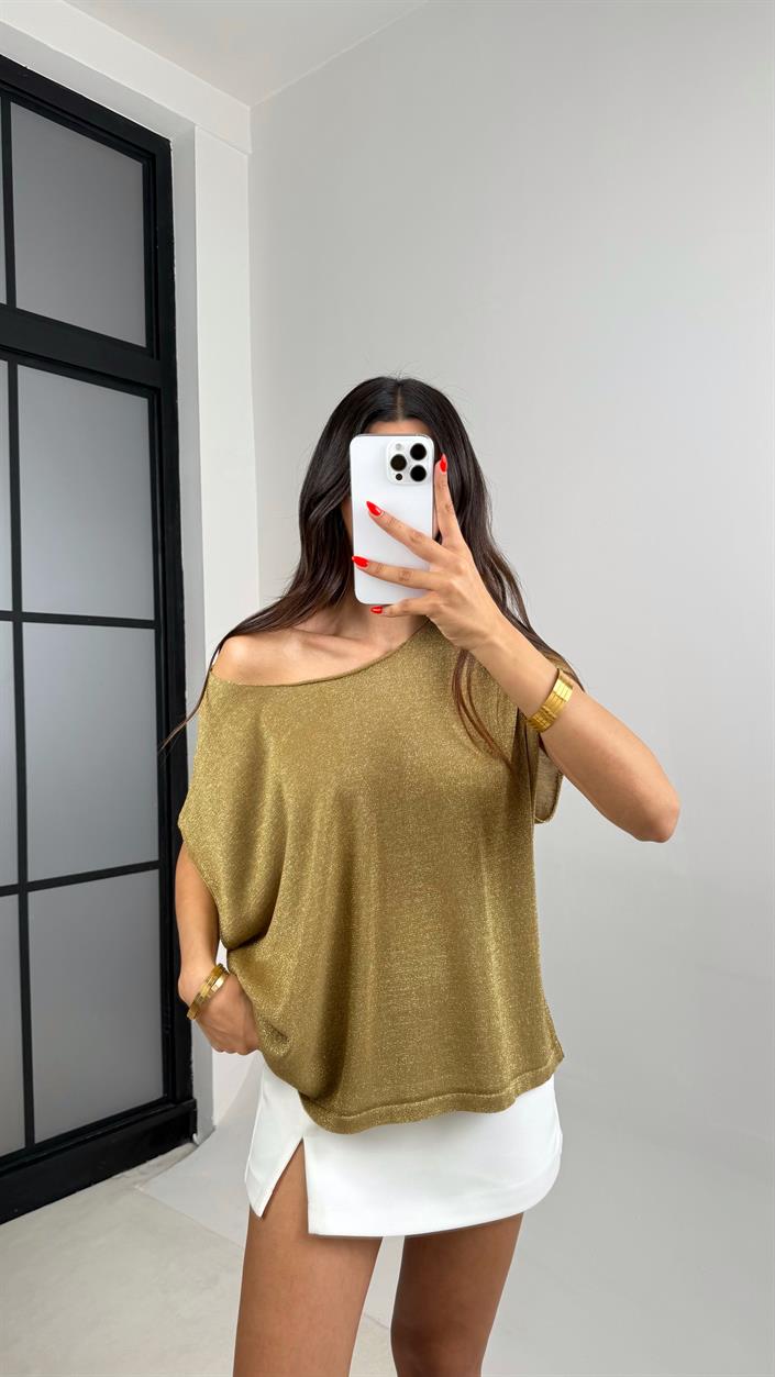 Sarı Gold Simli Triko Tek Omuz Bluz GAUS-0043