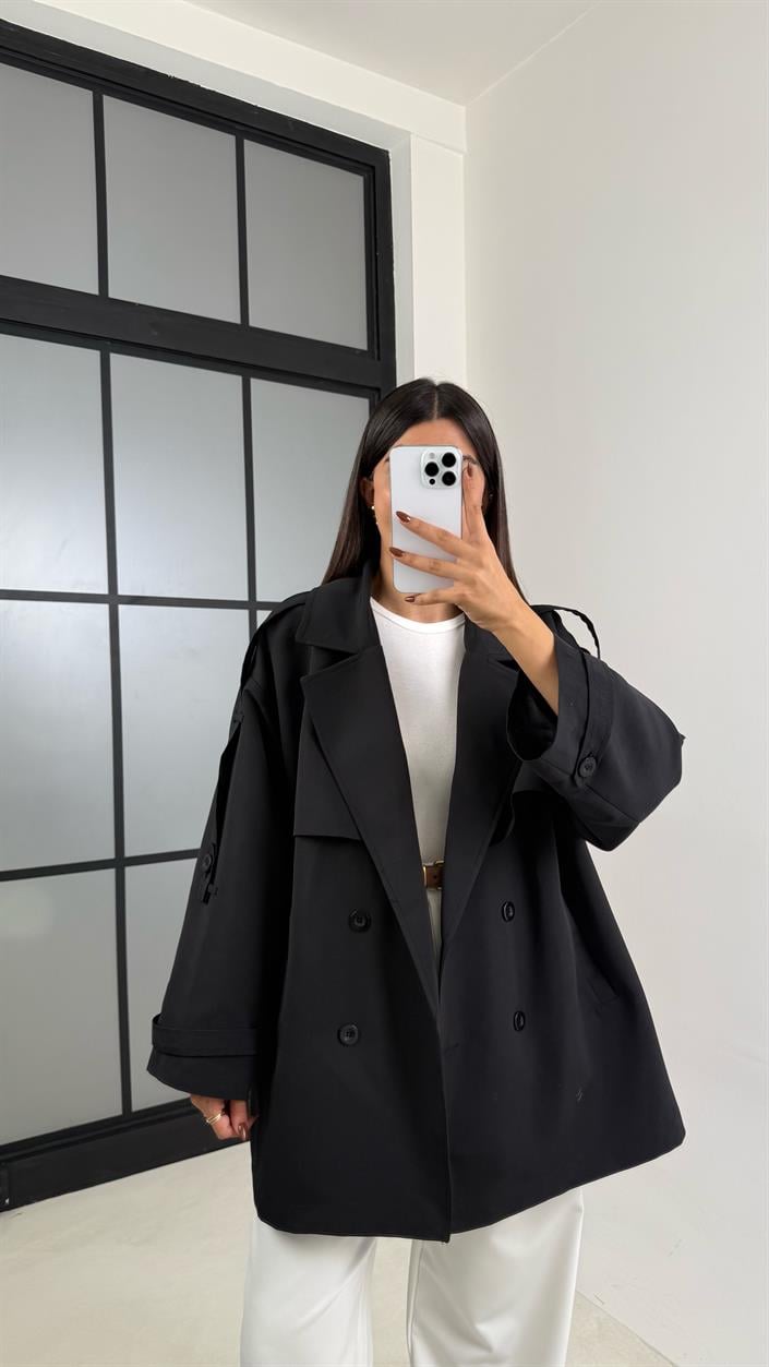 Siyah Astarlı Cep Detaylı Kuşaklı Kısa Trençkot GAUS-00192