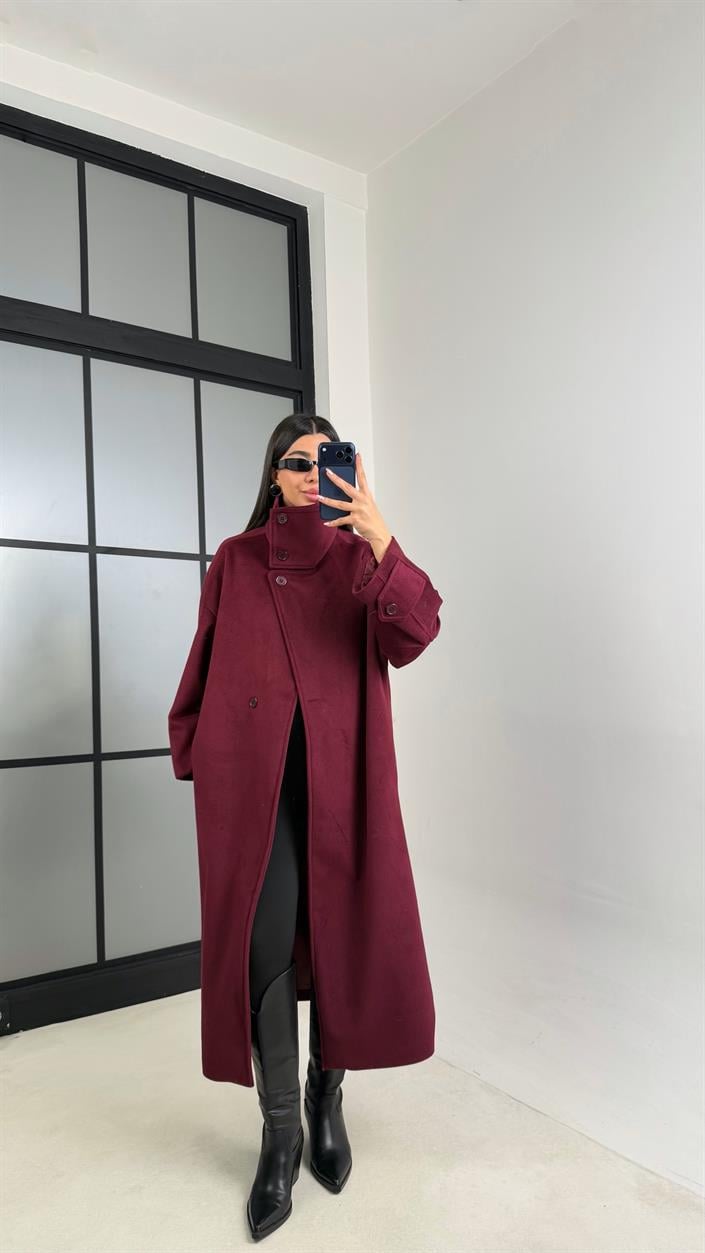 Mürdüm Dik Yaka Astarlı Kaban GAUS-00846