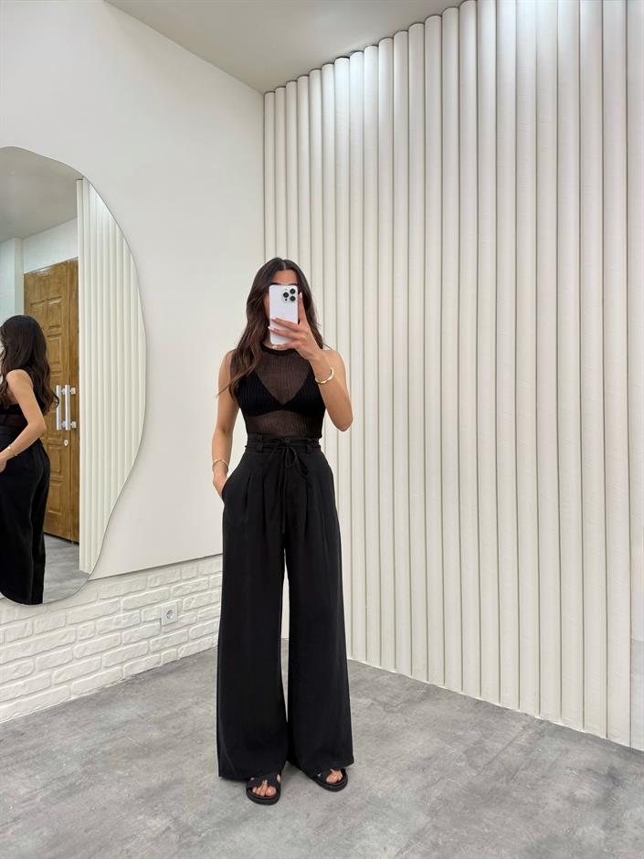 Siyah Kuşaklı Tensel Kırışık Kumaş Palazzo Pantolon Gaus00302