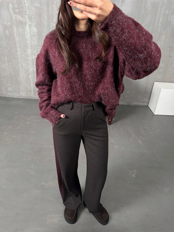 Rodni Kahve Bordo Şeritli Yünlü Poliviskon Tasarım Pantolon