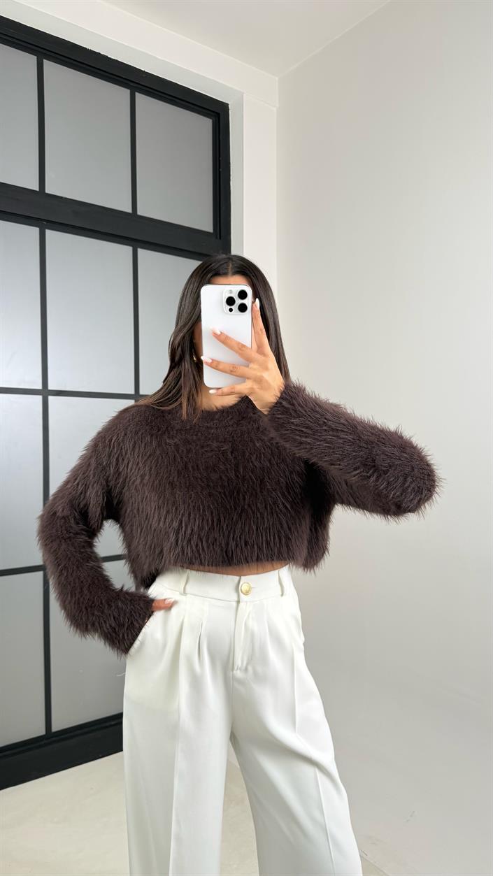 Acı Kahve Yumuşak Dokulu Crop Kazak GAUS-00490