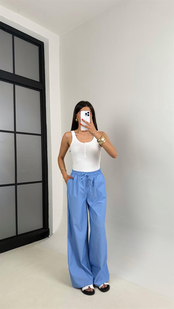 Mavi Beli Lastikli Çizgili Paraşüt Kumaş Pantolon Gaus00499