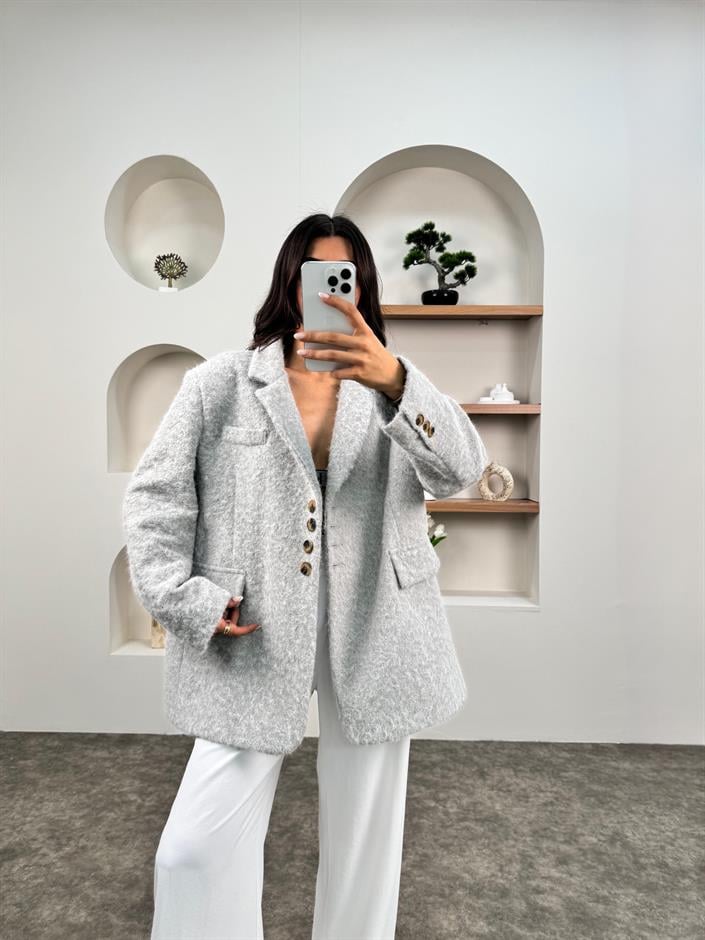 Garni Gri Kırçıklı Kaşe Kaban