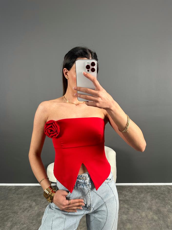 Kırmızı Gül Detaylı Arkası Fermuarlı Straplez 