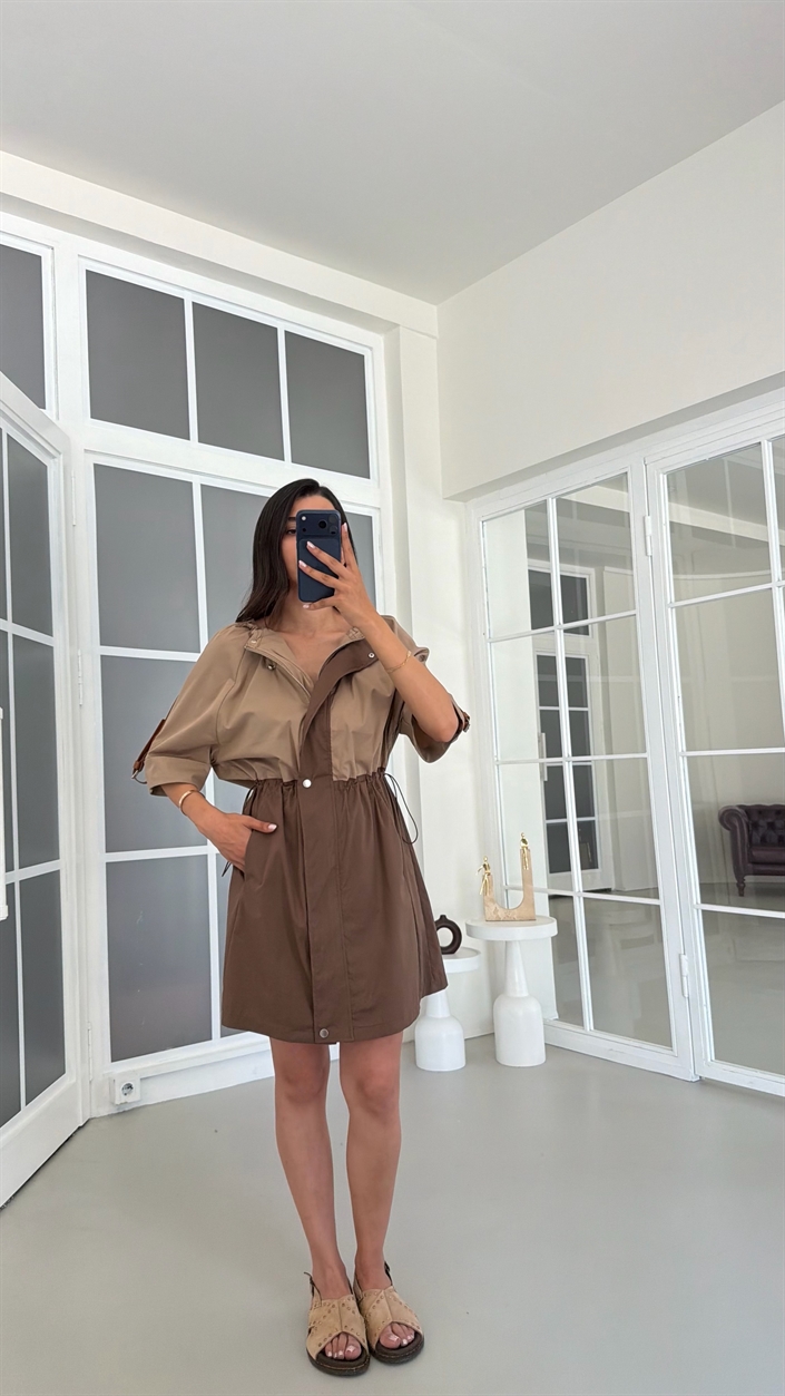 Camel Beli Lastikli Paraşüt Kumaş Elbise GAUS-01806