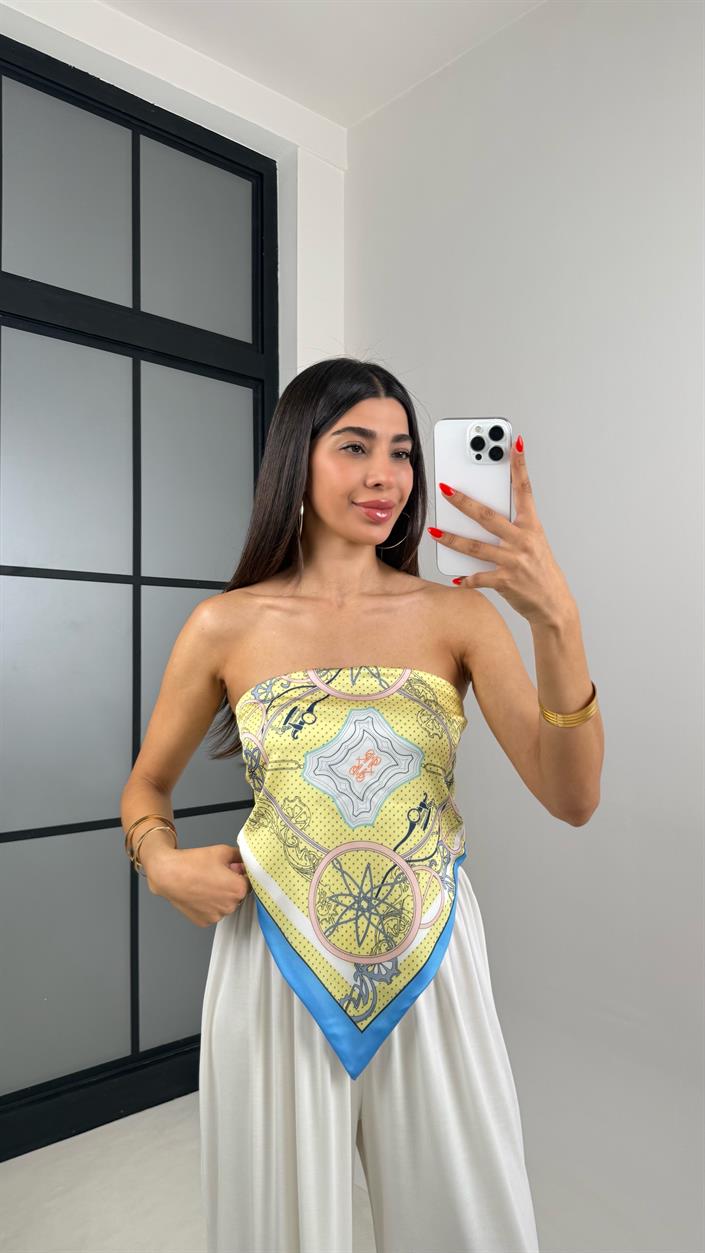 Sarı Çok Desenli Sırt Bağlamalı Saten Bluz GAUS-0024