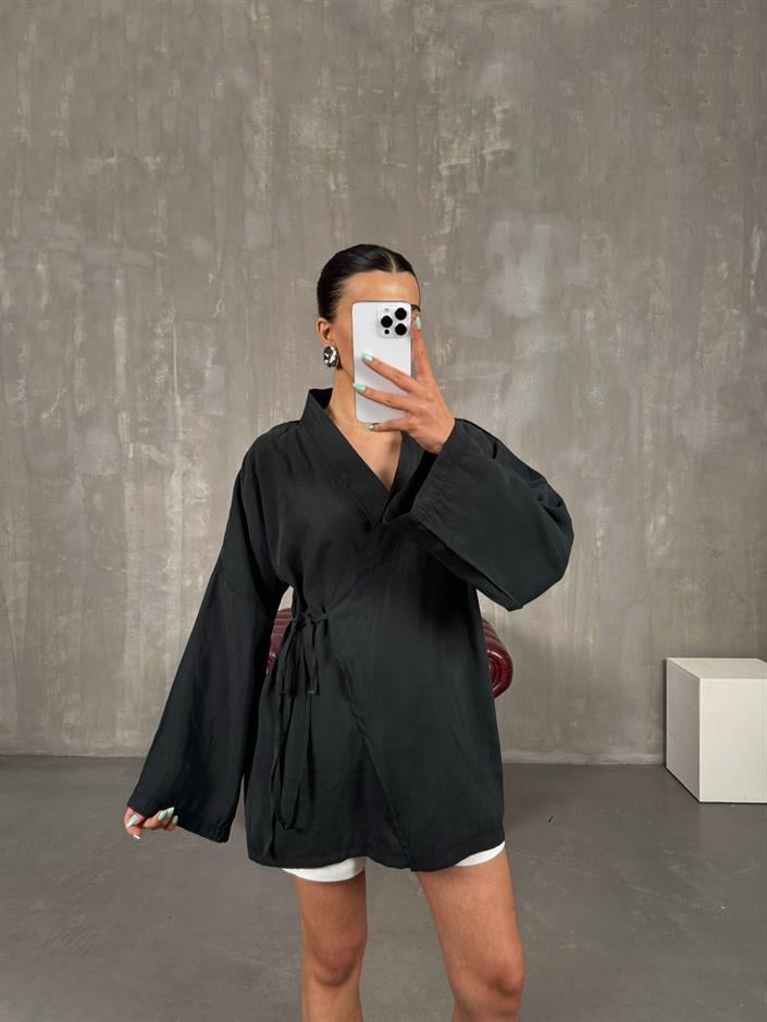 Siyah Önden Bağlamalı Tensel Kimono Gaus00240