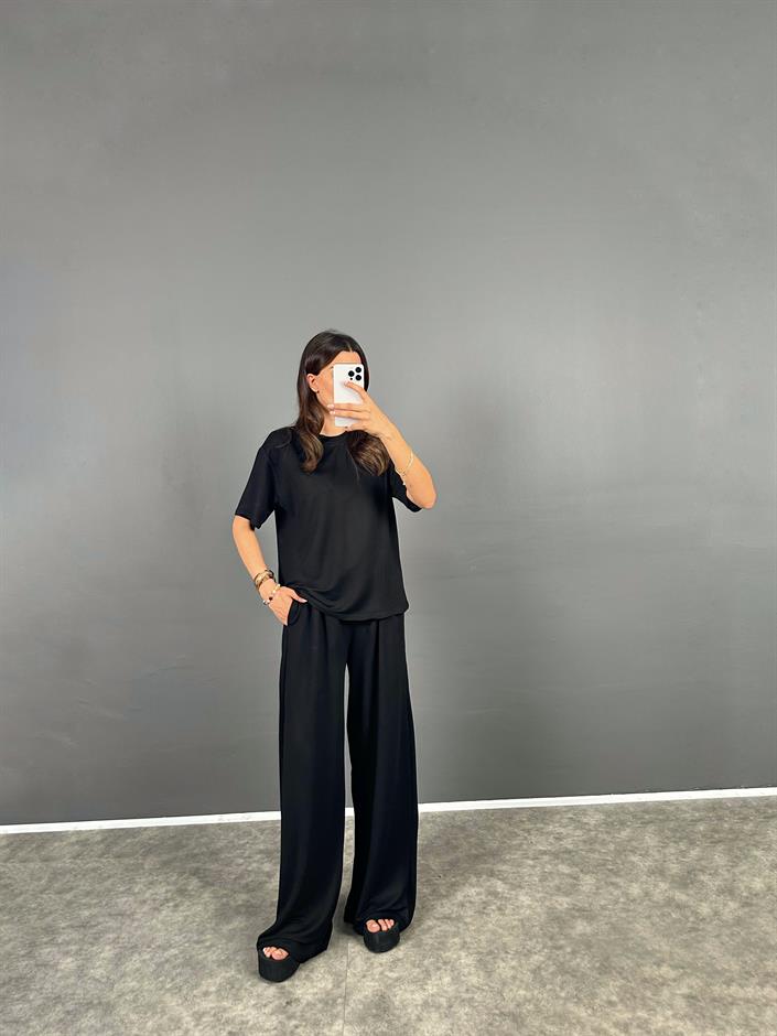 Nore Siyah Modal Kumaş Rahat Dokuma Kısa Kol Tshirt Pantolon Takım