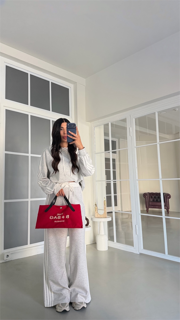 Gri Kapüşonlu Sweatshirt Beli Lastikli Eşofman Şerit Detaylı Takım GAUS-01995