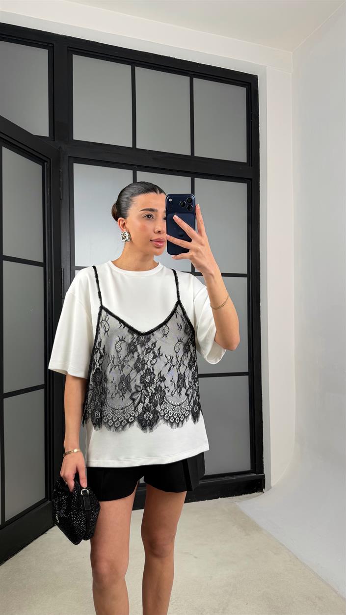 Ekru Dantel Atlet Detaylı Tshirt GAUS-01370