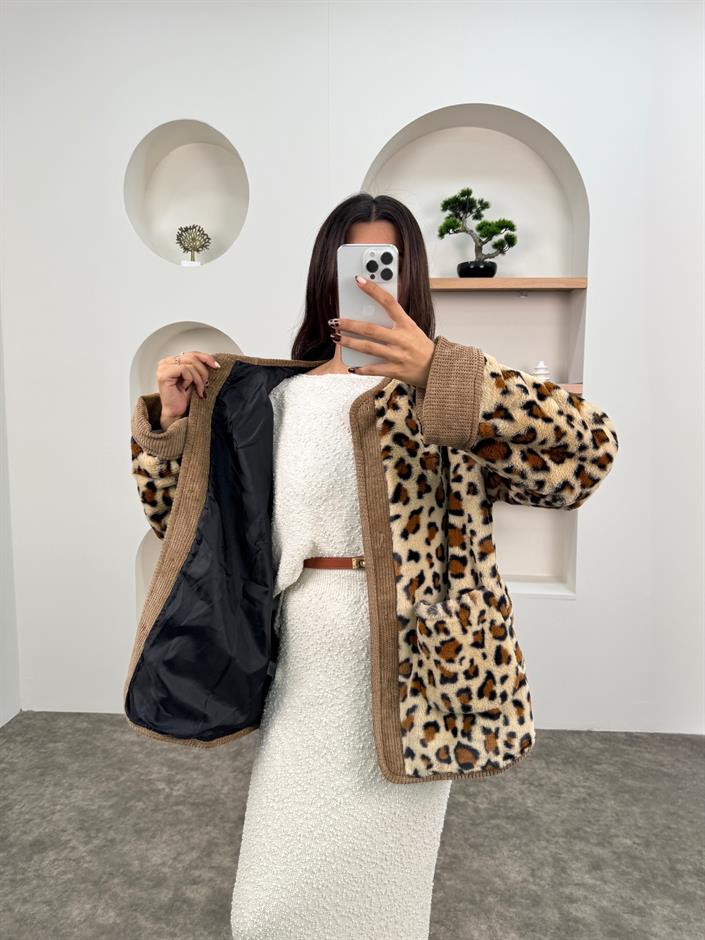 Tirel Camel Leopar Desenli Peluş Tasarım Ceket