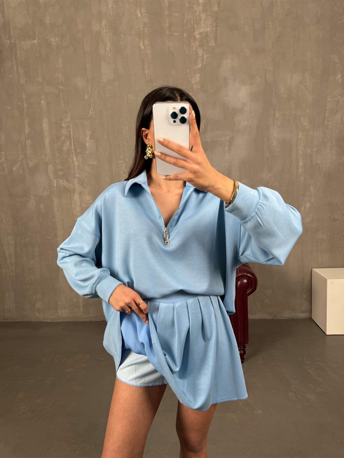 Mizu Mavi Yaka Fermuarlı Sweat Pileli Şortlu Etek Modal Takım