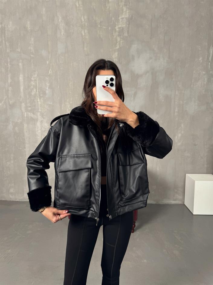 ENR Siyah İçi Peluş Cepli Deri Biker Ceket