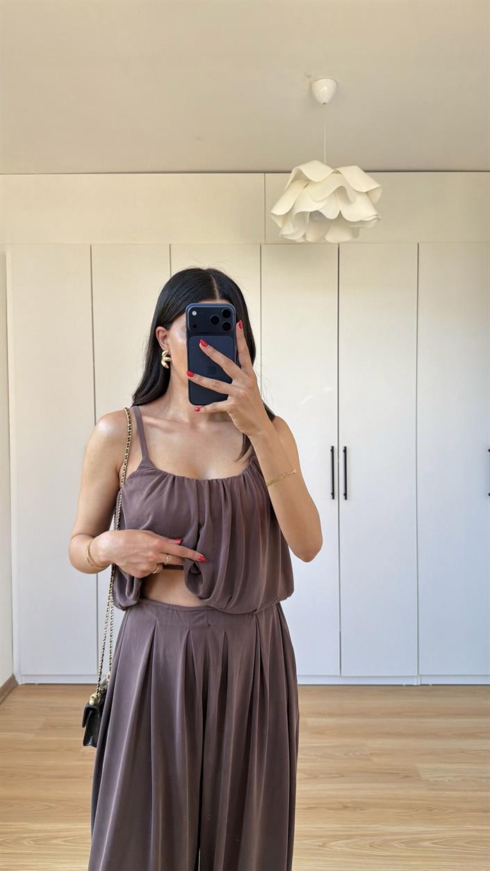 Kahve OYS Model Crop Üst Pantolon İkili Modal Kumaş Takım GAUS-01602