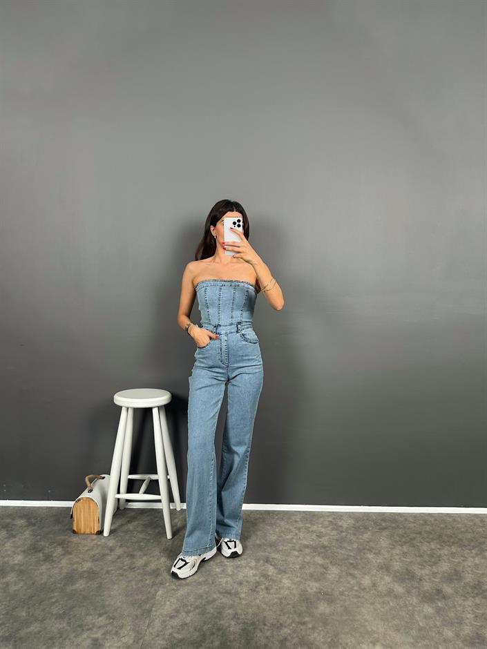 Ria Straplez Fermuarlı Denim Tulum