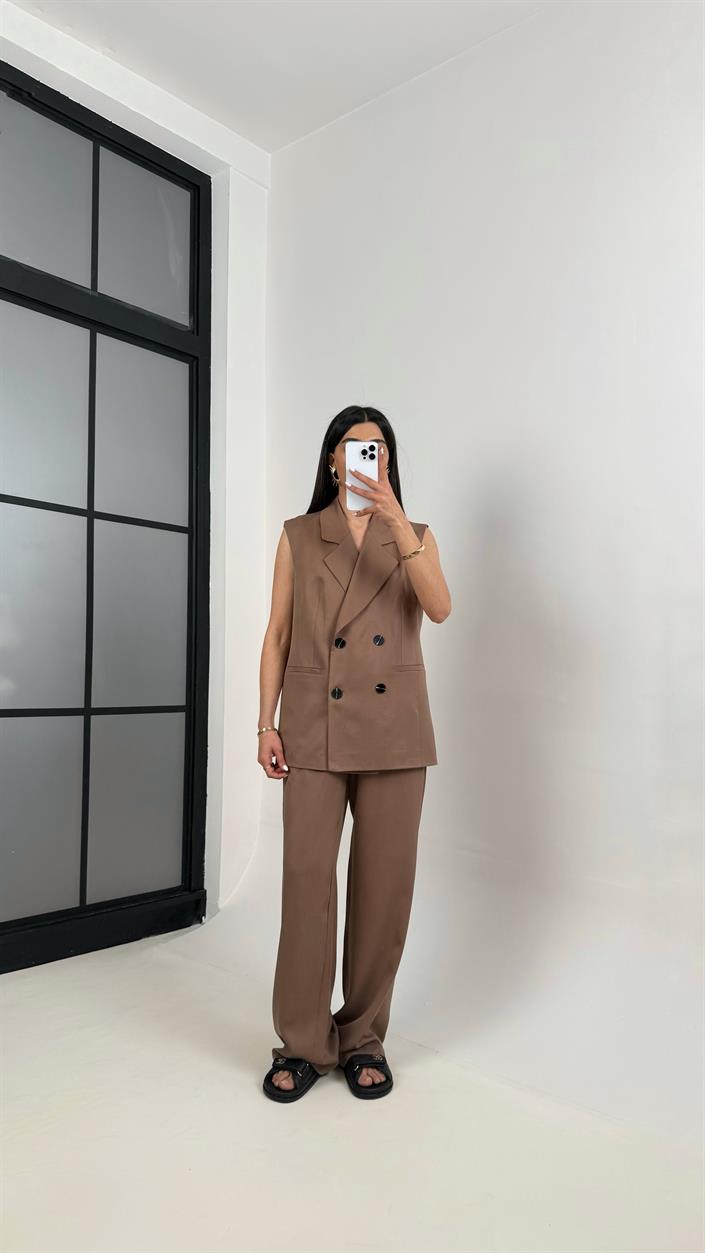 Kahve Önü Düğmeli Astarlı Yelek Beli Lastikli Pantolon Tencel Premium Takım Gaus00366
