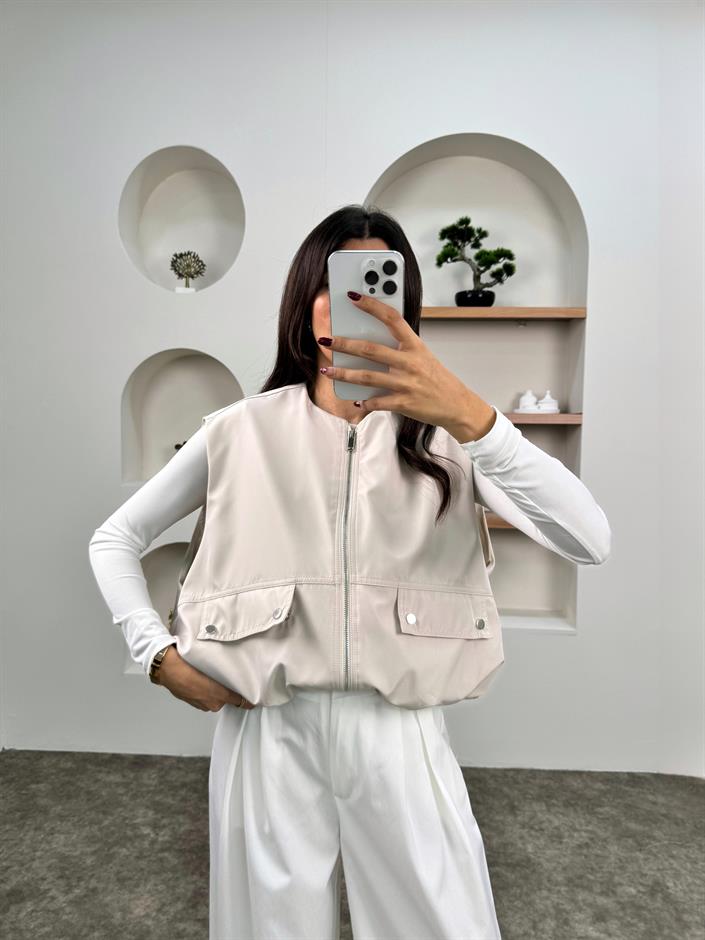 Belen Taş Cepli Fermuarlı Paraşüt Yelek