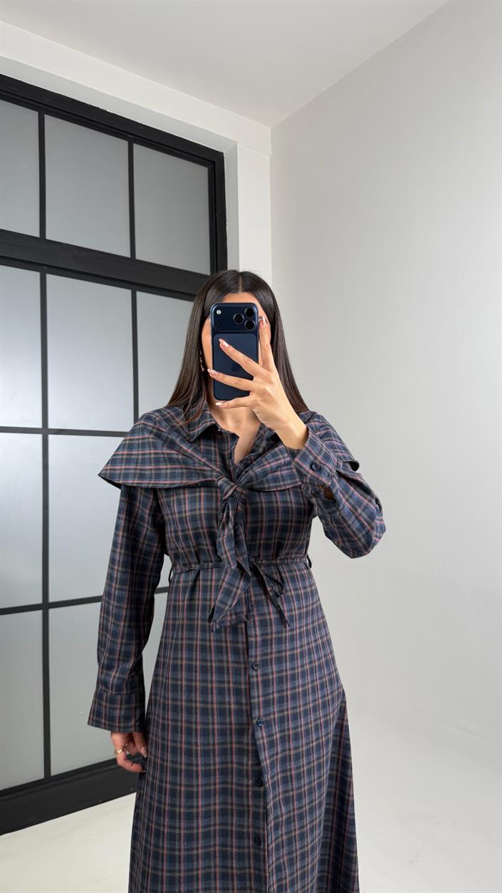 Gül Kurusu Şal Detaylı Kuşaklı Ekose Elbise GAUS-00863