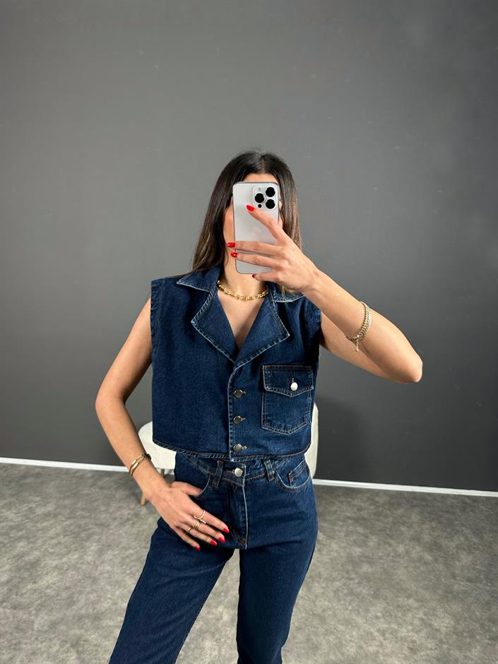 Amio Koyu Mavi Yelekli Denim Takım
