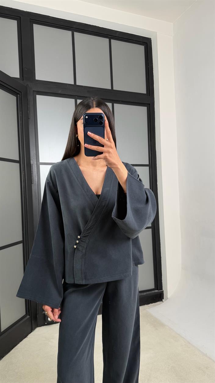 Füme Düğme Detaylı Kimono Pantolon MD Muadil Tencel Takım GAUS-01451