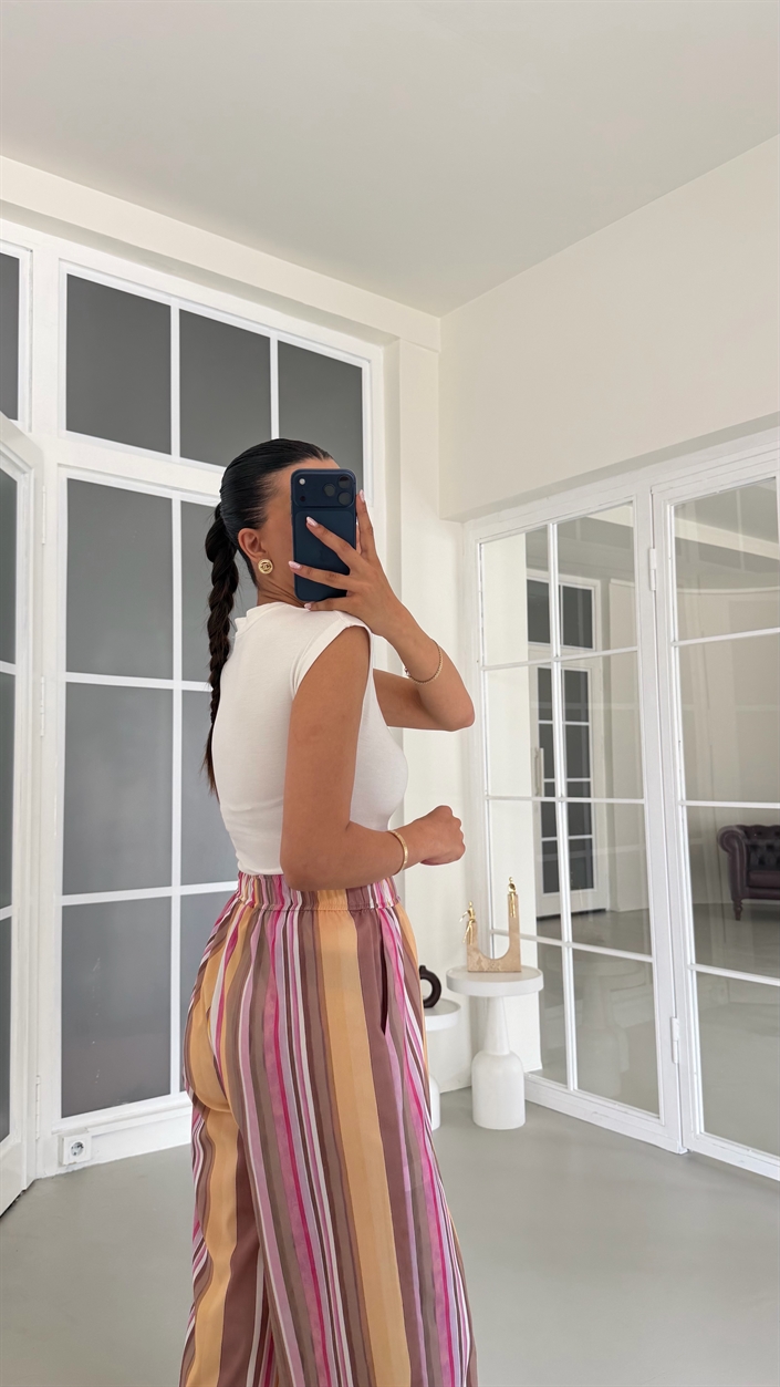 Sarı Beli Lastikli Şeritli Pantolon GAUS-01824
