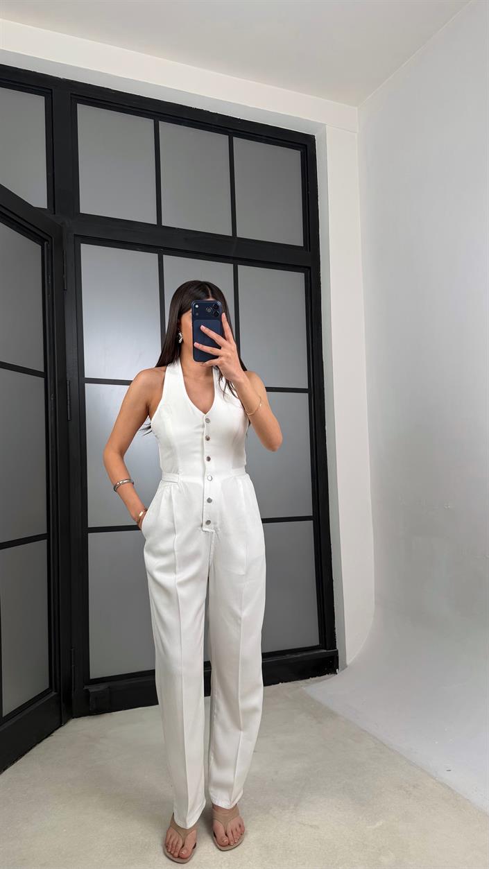 Beyaz Boyundan Bağlamalı Tasarım Tencel Denim Tulum GAUS-01357
