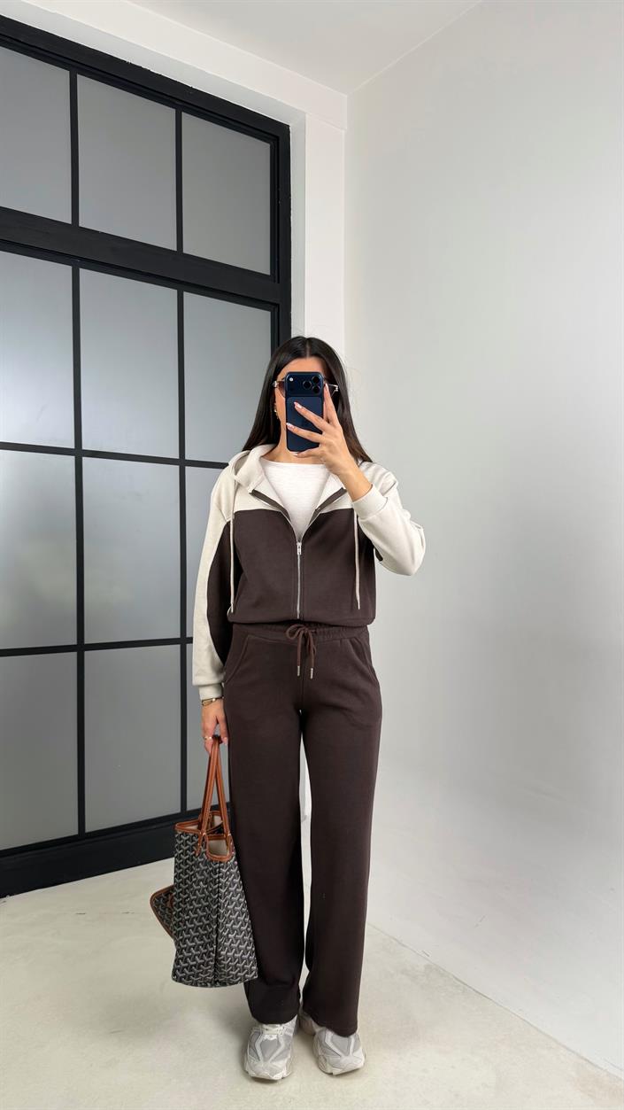Acı Kahve Hırka Beli Lastikli Pantolon İkili Selanik Kumaş Takım GAUS-00800
