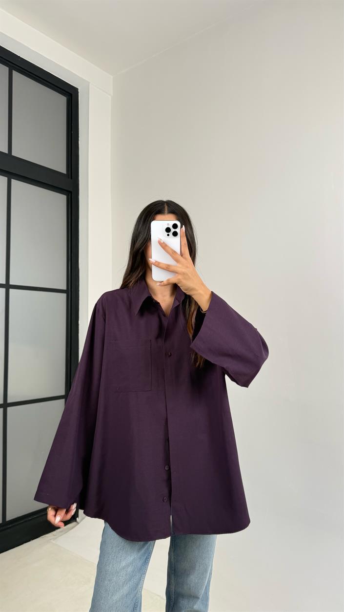 Mürdüm Oversize Cep Detaylı Poplin Gömlek GAUS-0072