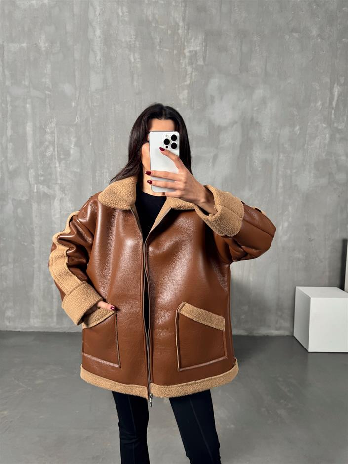 Melon Kahve Deri İçi Peluş Biker Ceket