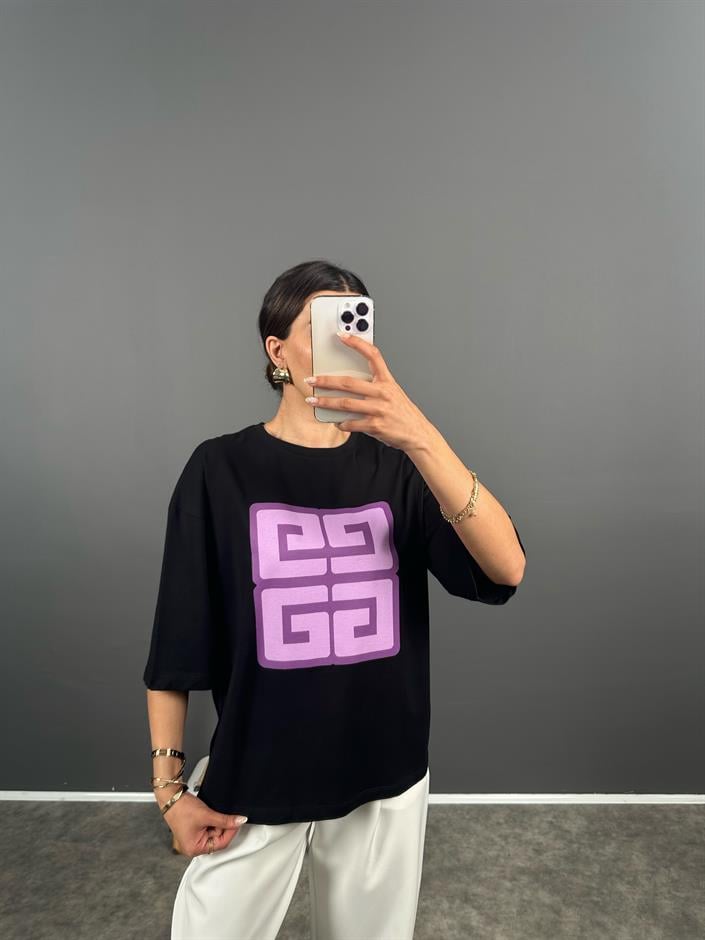 Drs Siyah Bisiklet Yaka Basic Mor Baskılı Tshirt