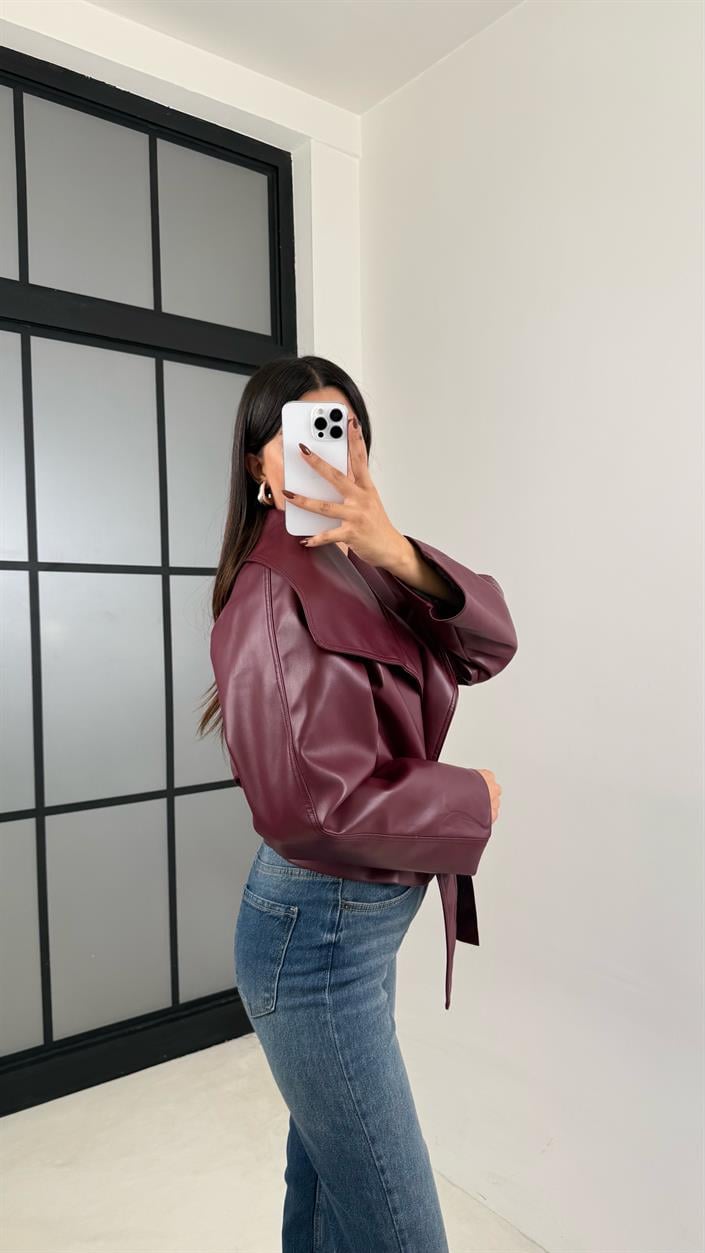 Bordo Deri Astarlı Kemerli Ceket GAUS-00338