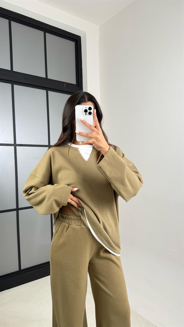 Camel Tshirt Detaylı Kazak Beli Lastikli Pantolon İkili Triko Takım GAUS-00485