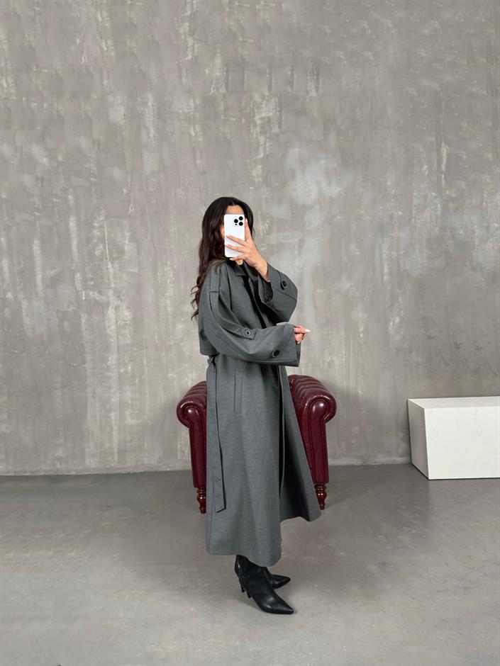 Telsa Antrasit Kuşaklı Poliviskon Astarlı Premium Trençkot 